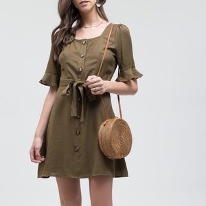 Noah Olive Green Flounce Sleeve Mini Dress